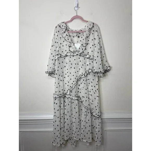 GANNI Ruffled Chiffon Midi Dress White Polka Dot 40/US 10 Half Sleeve V-Neck